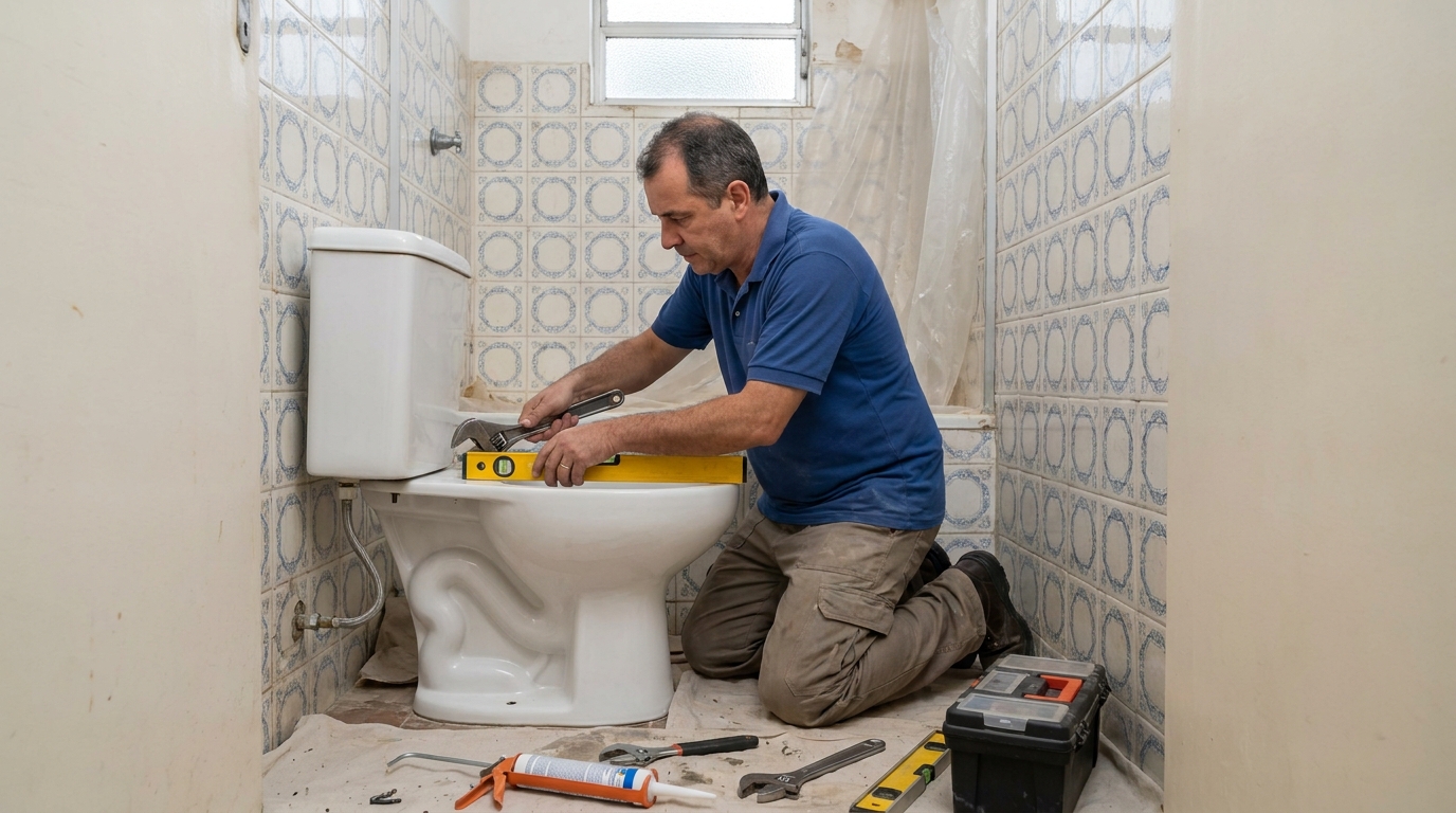 Técnico instalando vaso sanitário em Toledo‑PR
